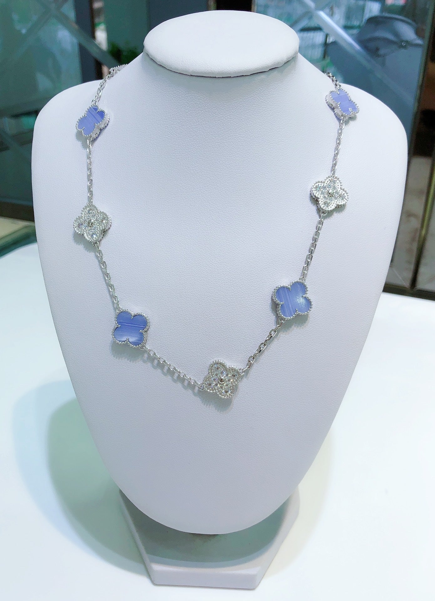 [Aurelle Style]CLOVER 10 MOTIFS CHALCEDONY DIAMONDS SILVER NECKLACE
