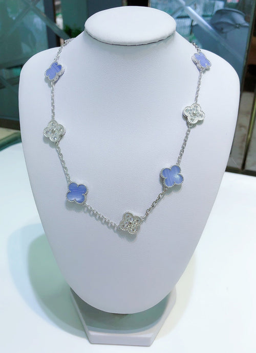 [Aurelle Style]CLOVER 10 MOTIFS CHALCEDONY DIAMONDS SILVER NECKLACE
