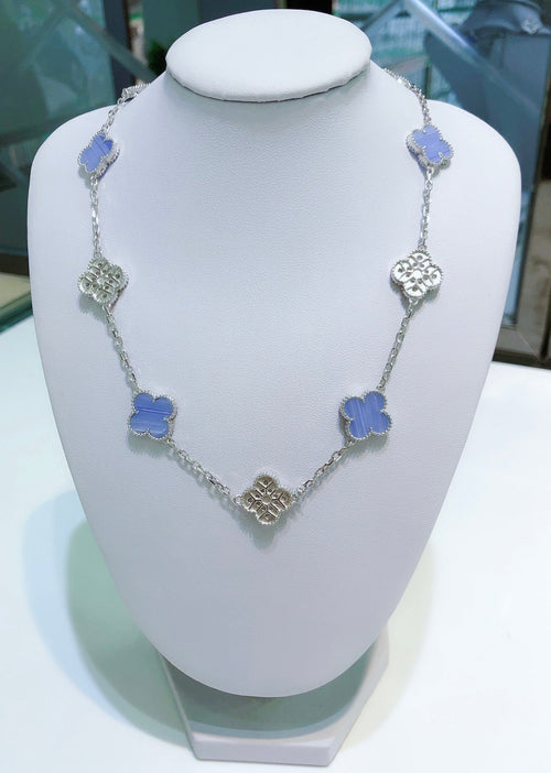 [TOP]CLOVER 10 MOTIFS CHALCEDONY DIAMONDS SILVER NECKLACE