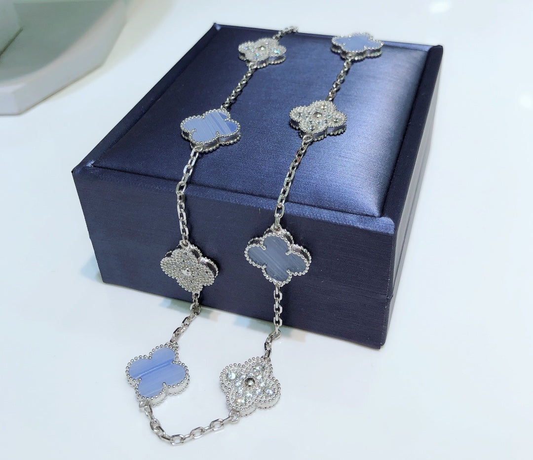 [Aurelle Style]CLOVER 10 MOTIFS CHALCEDONY DIAMONDS SILVER NECKLACE