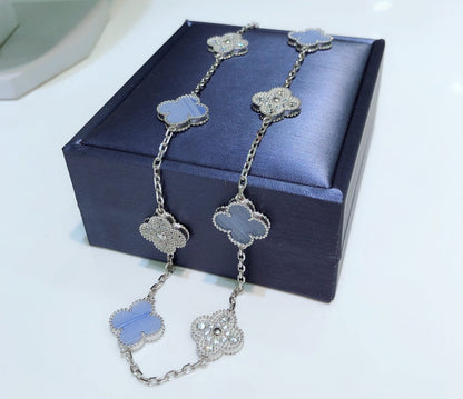 [Aurelle Style]CLOVER 10 MOTIFS CHALCEDONY DIAMONDS SILVER NECKLACE