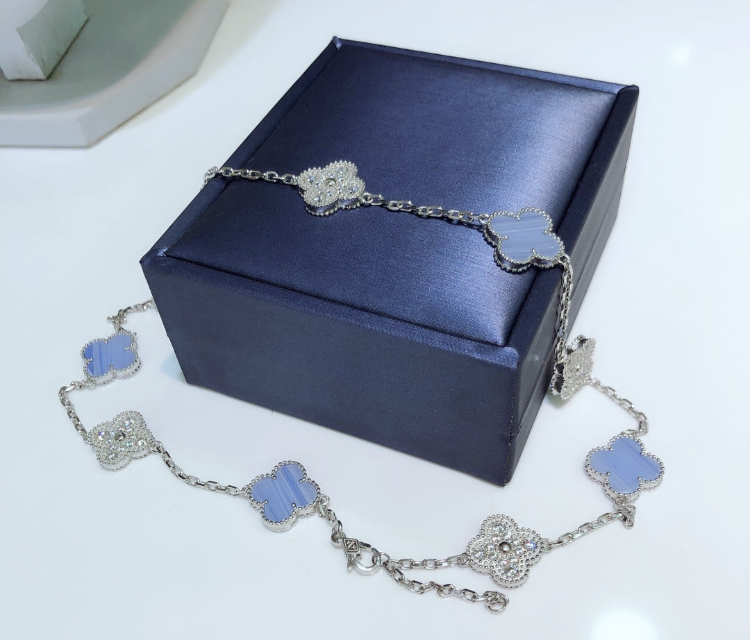 [Aurelle Style]CLOVER 10 MOTIFS CHALCEDONY DIAMONDS SILVER NECKLACE