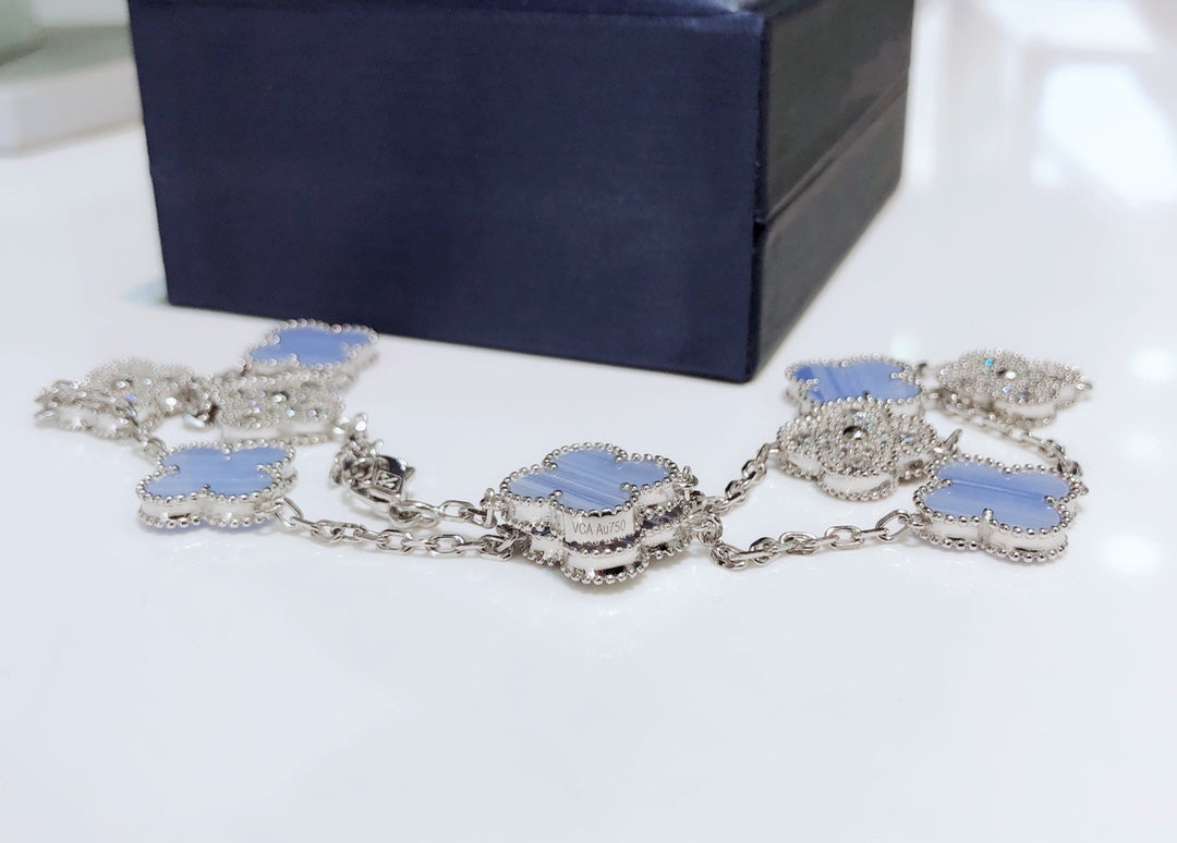 [Aurelle Style]CLOVER 10 MOTIFS CHALCEDONY DIAMONDS SILVER NECKLACE