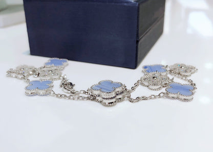 [Aurelle Style]CLOVER 10 MOTIFS CHALCEDONY DIAMONDS SILVER NECKLACE