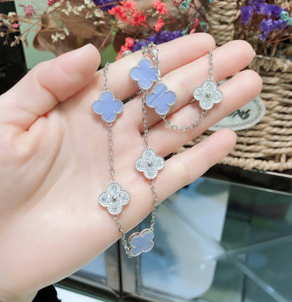[Aurelle Style]CLOVER 10 MOTIFS CHALCEDONY DIAMONDS SILVER NECKLACE