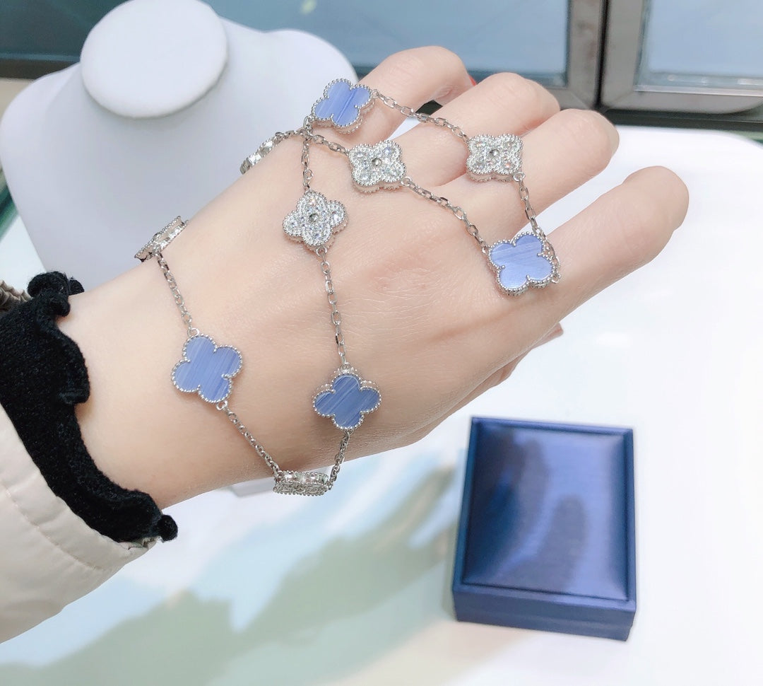 [Aurelle Style]CLOVER 10 MOTIFS CHALCEDONY DIAMONDS SILVER NECKLACE