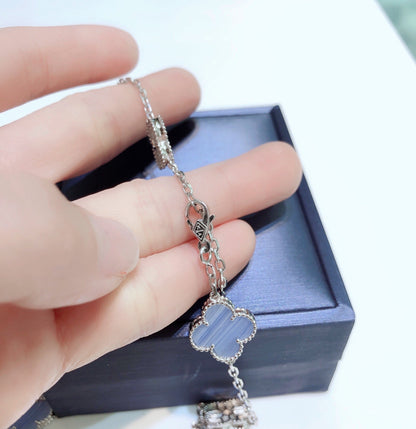 [Aurelle Style]CLOVER 10 MOTIFS CHALCEDONY DIAMONDS SILVER NECKLACE