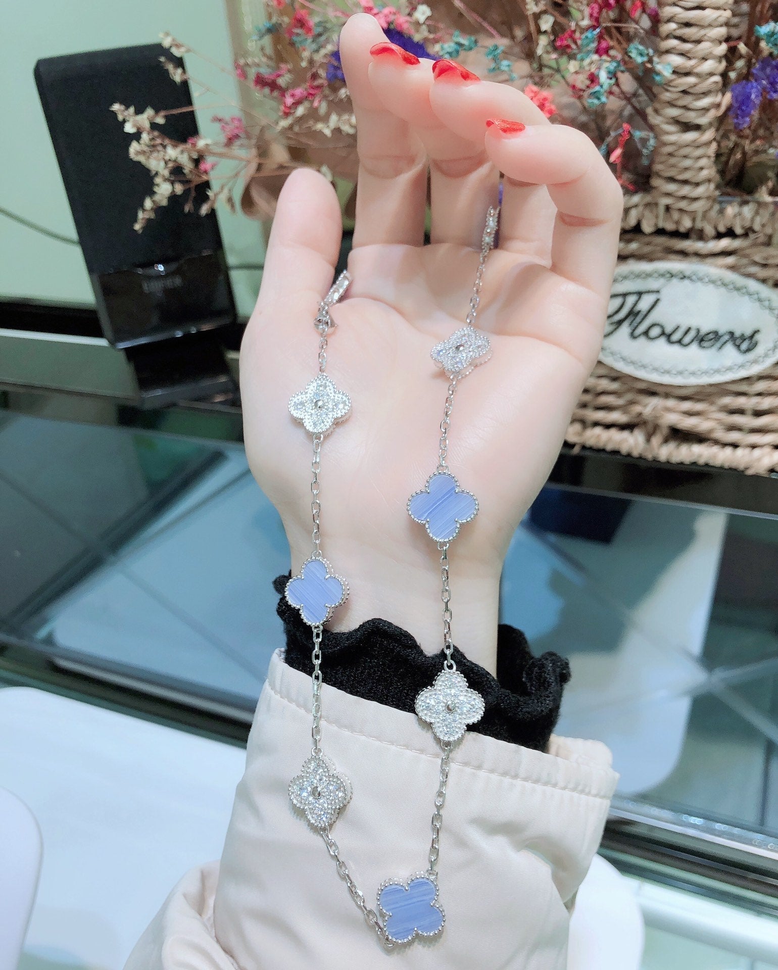 [Aurelle Style]CLOVER 10 MOTIFS CHALCEDONY DIAMONDS SILVER NECKLACE